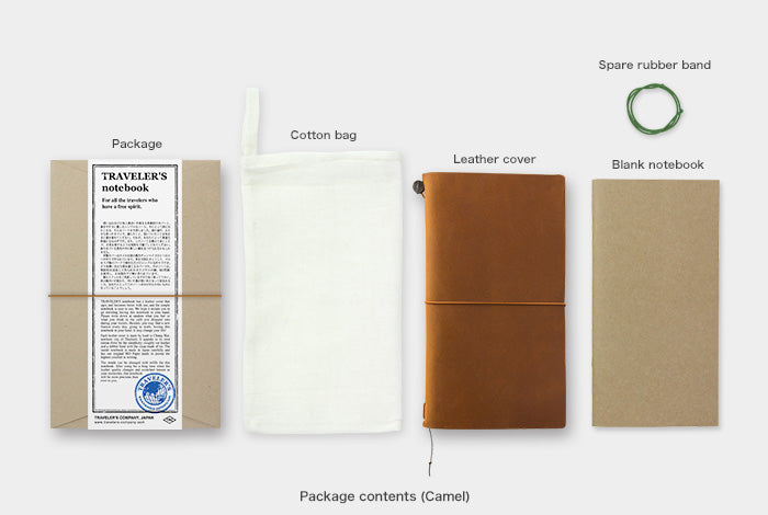 Contenu d'un Starter Kit TRAVELER'S notebook, couverture camel