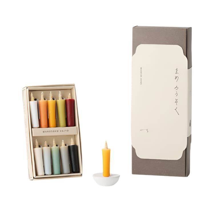 Bougies artisanales couleurs douces en cire de riz avec bougeoir circulaire en céramique blanche - Coffret cadeau