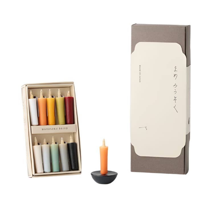 Bougies artisanales couleurs douces en cire de riz avec bougeoir circulaire en céramique noire - Coffret cadeau