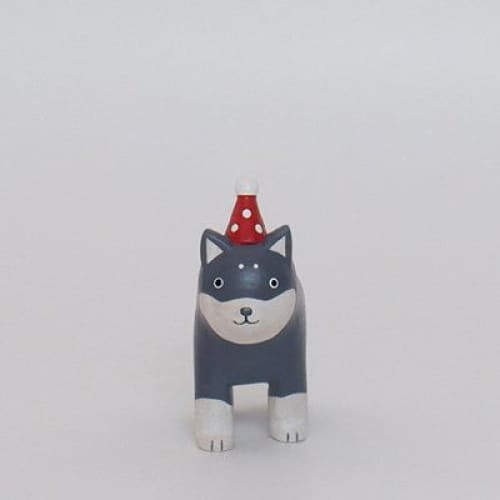 Figurine en bois - Parent chien Shiba inu avec chapeau de fête - FIGURINES EN BOIS